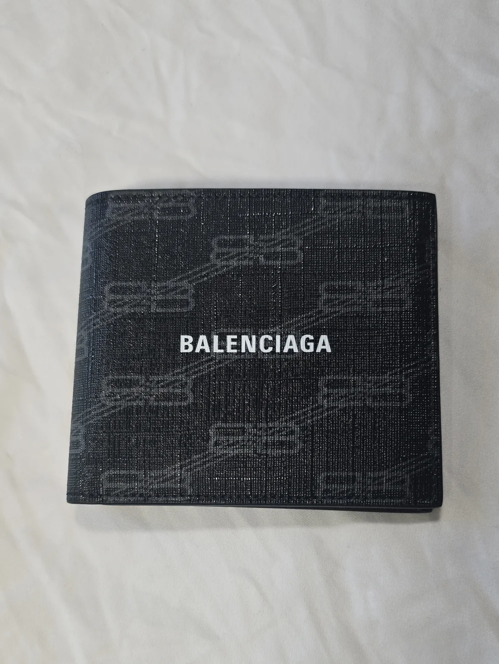 Balenciaga Black Monogram Bi-Fold Wallet with White Logo